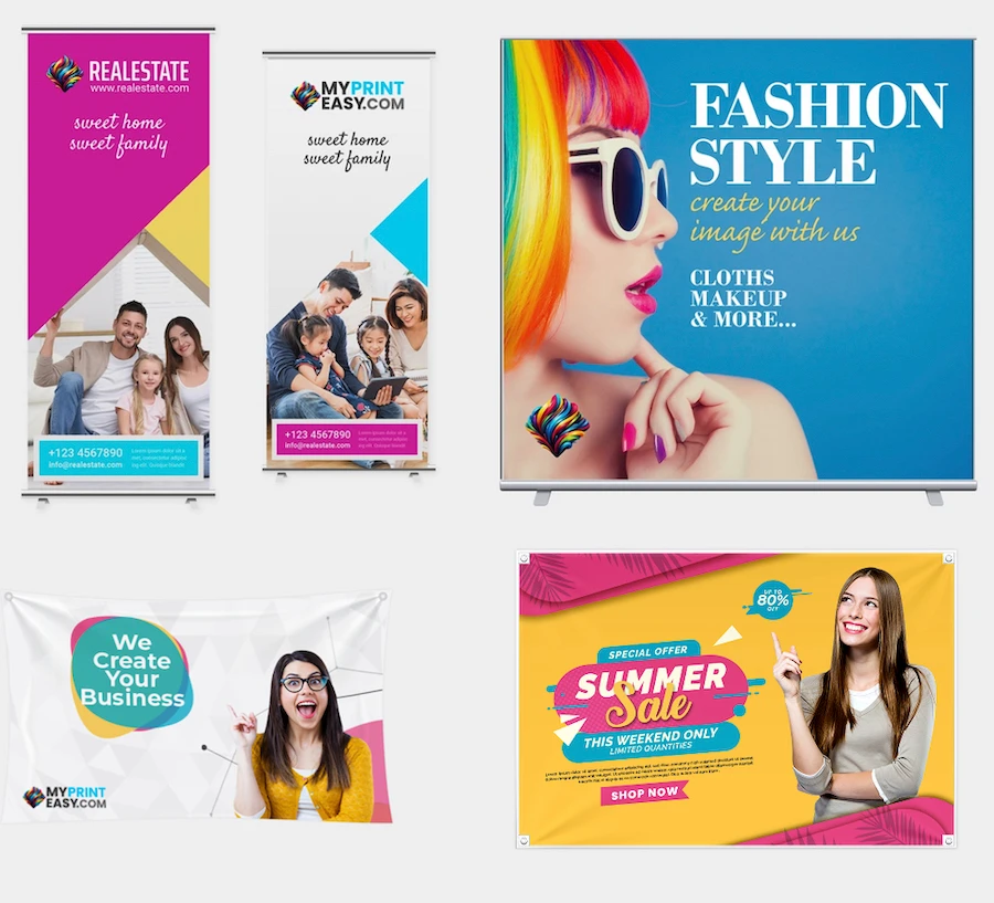 Printed marketing materials: brochures, business cards, and banners