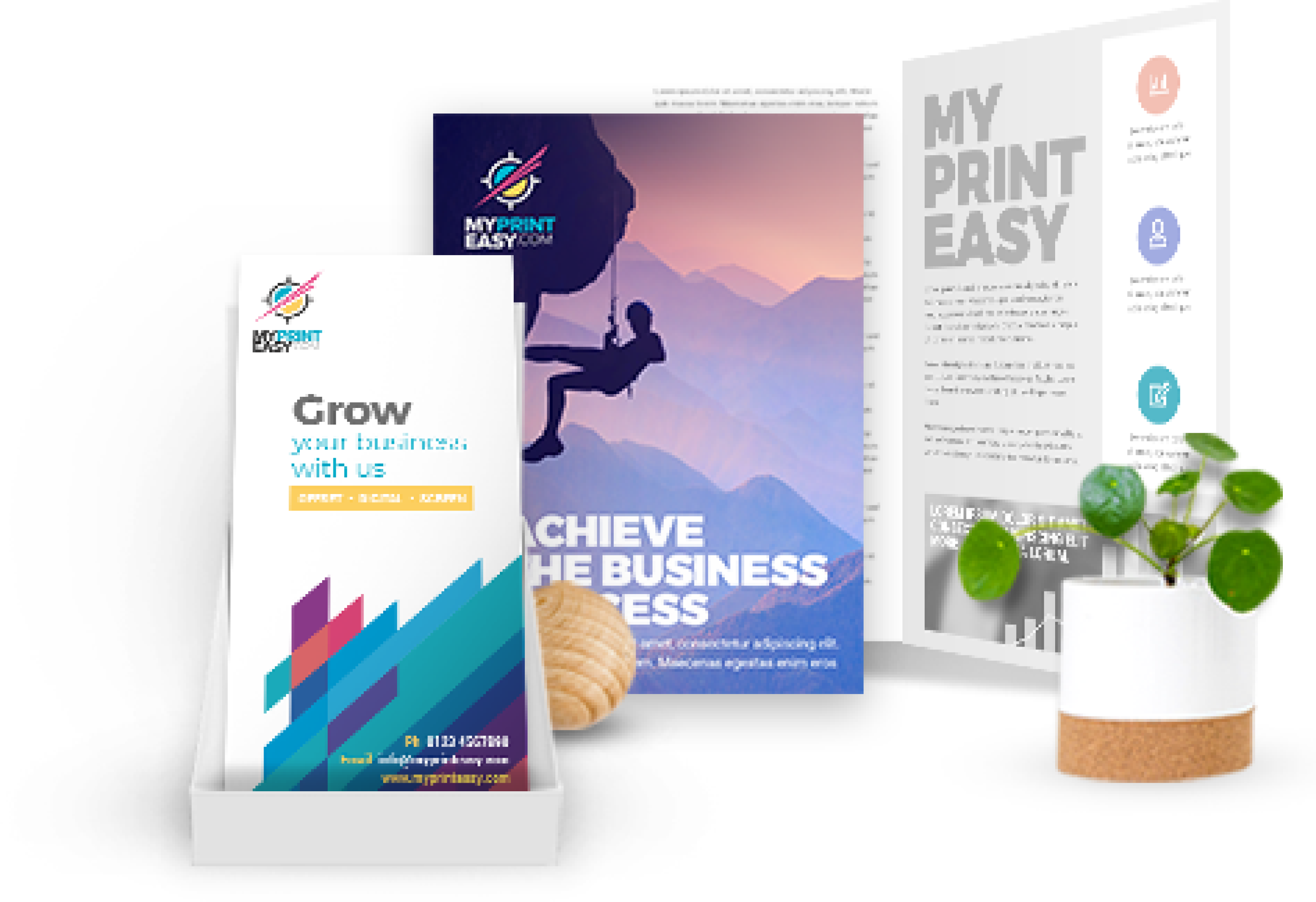 Printed materials including brochures, business cards, and banners